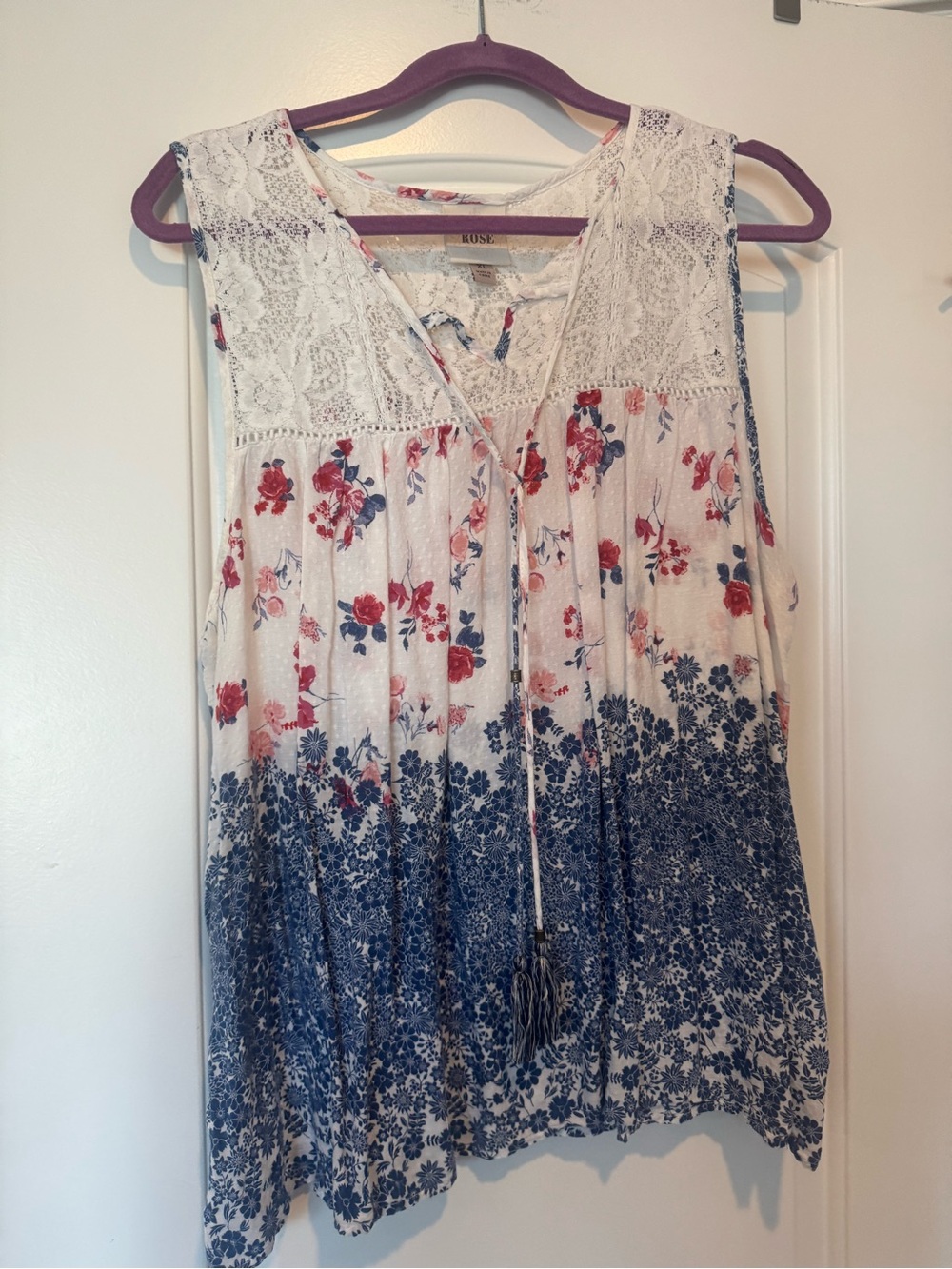 Knox Rose White Tank with Red & Blue Floral Print and Lace Yoke